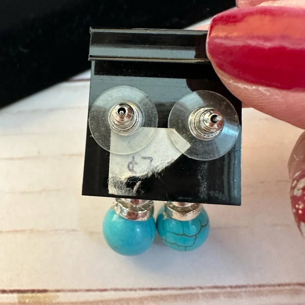 Faux Turquoise With Clear Stones Silver Dangling Pierced Casual Earrings